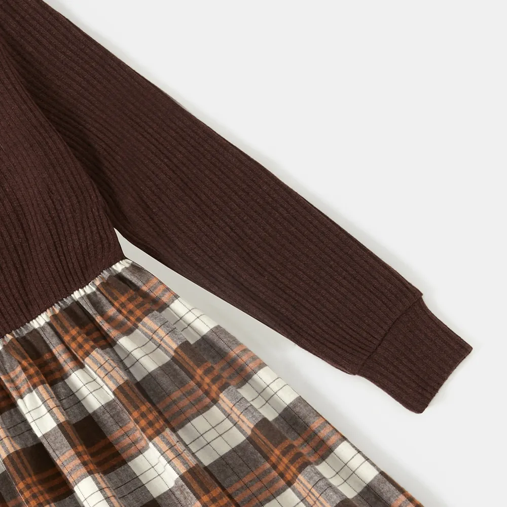 Family Matching Long-sleeve Mock Neck Rib Knit Spliced Plaid Dresses and Colorblock Tops Sets big image 15