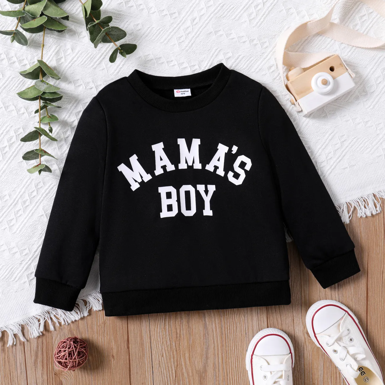 Toddler Girl/Boy Letter Print Pullover Sweatshirt Black big image 1
