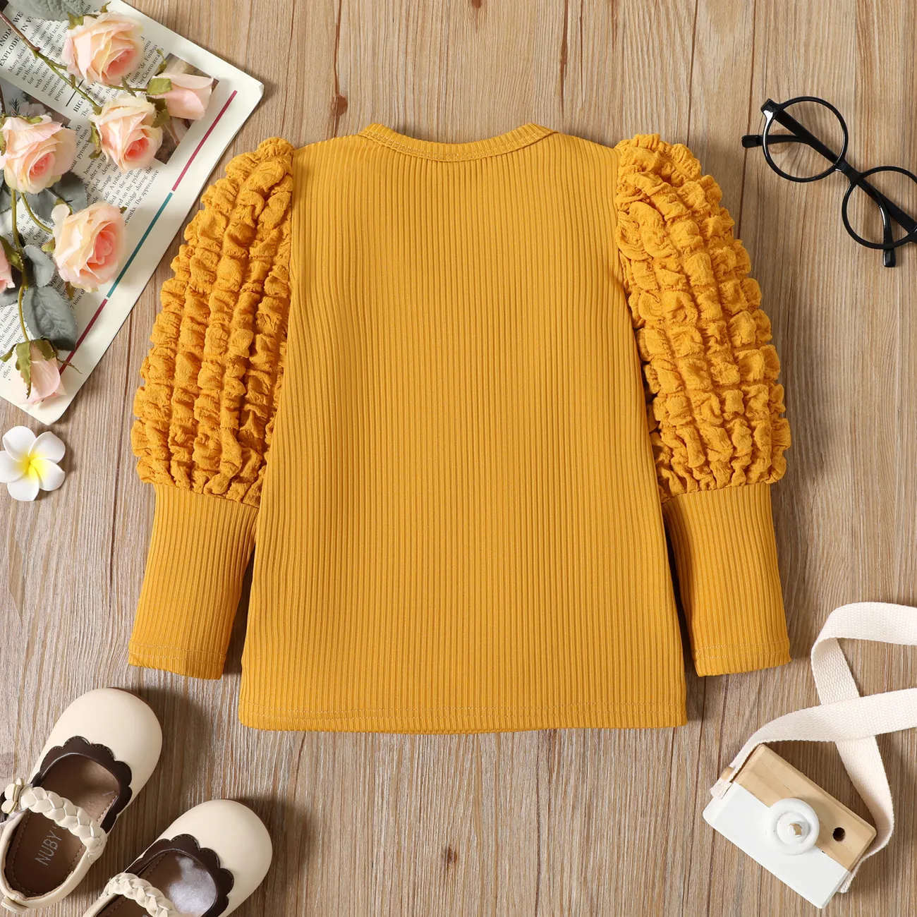 Toddler Girl Textured Ribbed Long Puff-sleeve Solid Color Tee Yellow big image 1