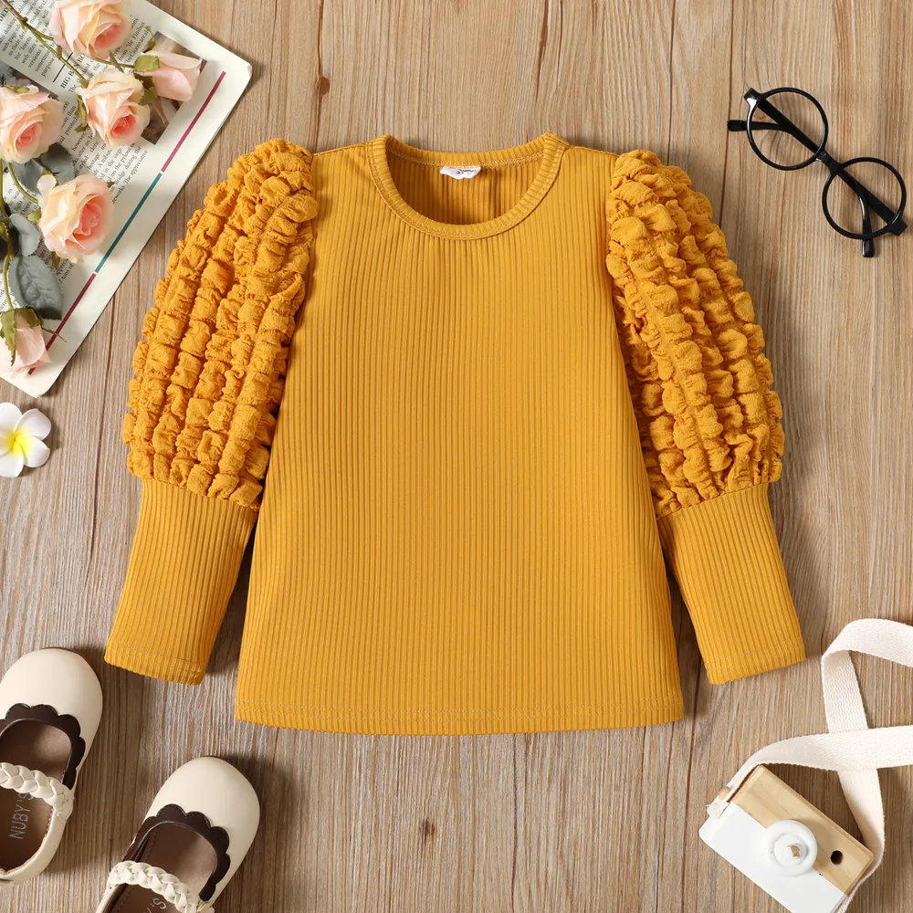 Toddler Girl Textured Ribbed Long Puff-sleeve Solid Color Tee  big image 1