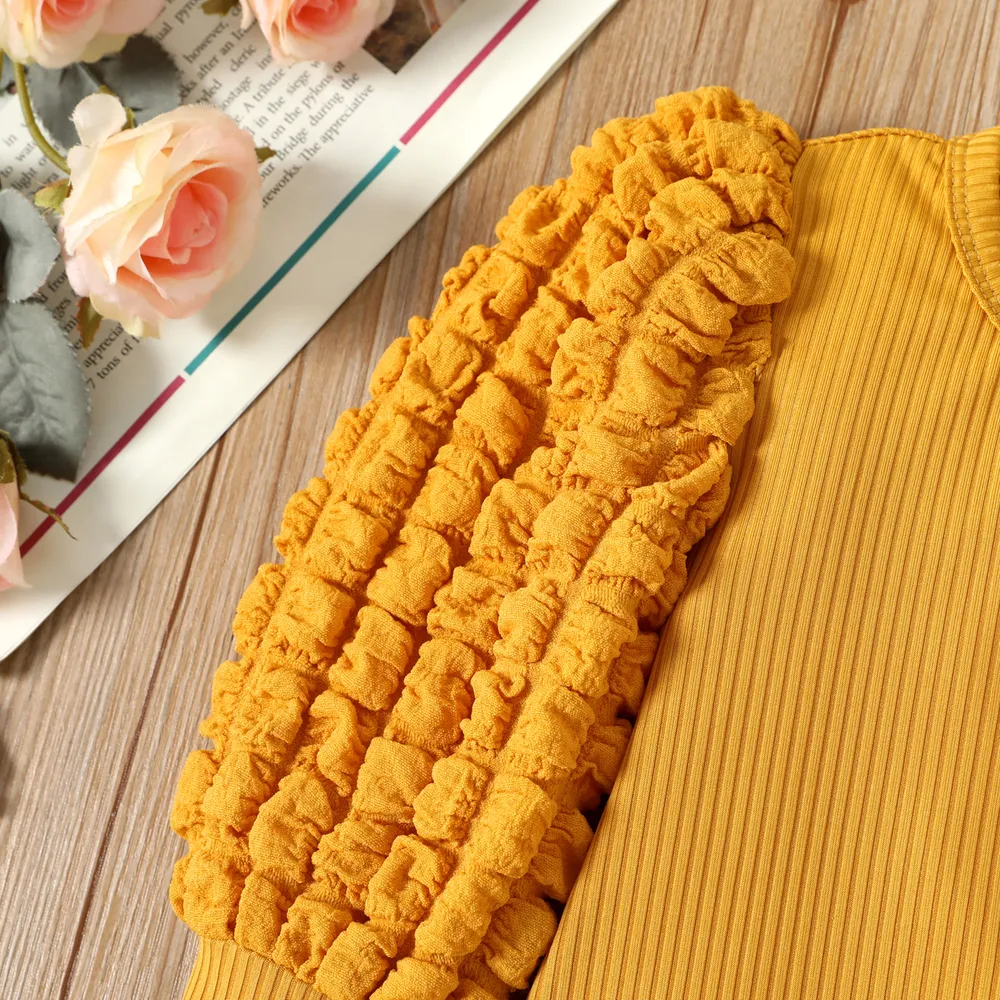 Toddler Girl Textured Ribbed Long Puff-sleeve Solid Color Tee big image 4