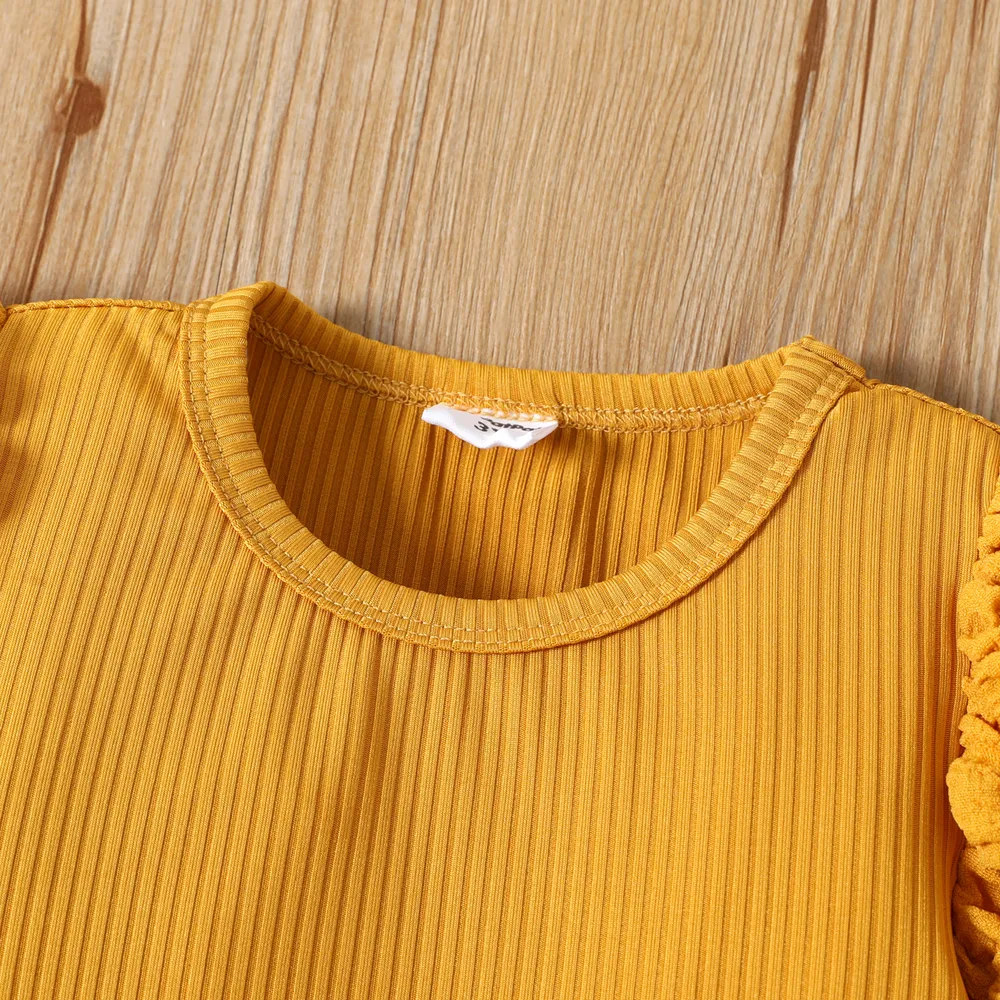 Toddler Girl Textured Ribbed Long Puff-sleeve Solid Color Tee big image 3