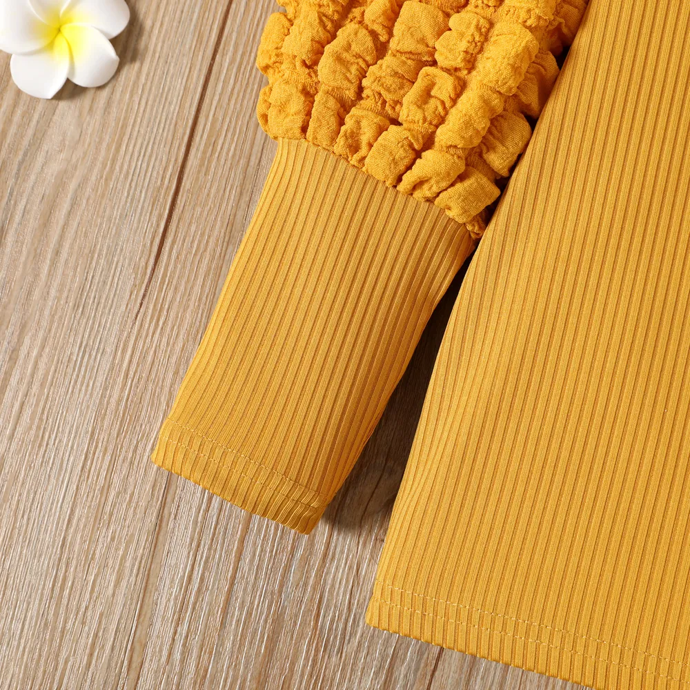 Toddler Girl Textured Ribbed Long Puff-sleeve Solid Color Tee big image 5