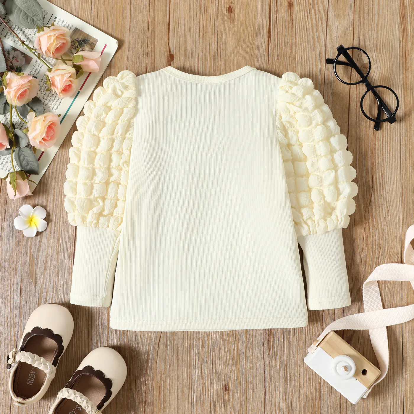 Toddler Girl Textured Ribbed Long Puff-sleeve Solid Color Tee Apricot image 2