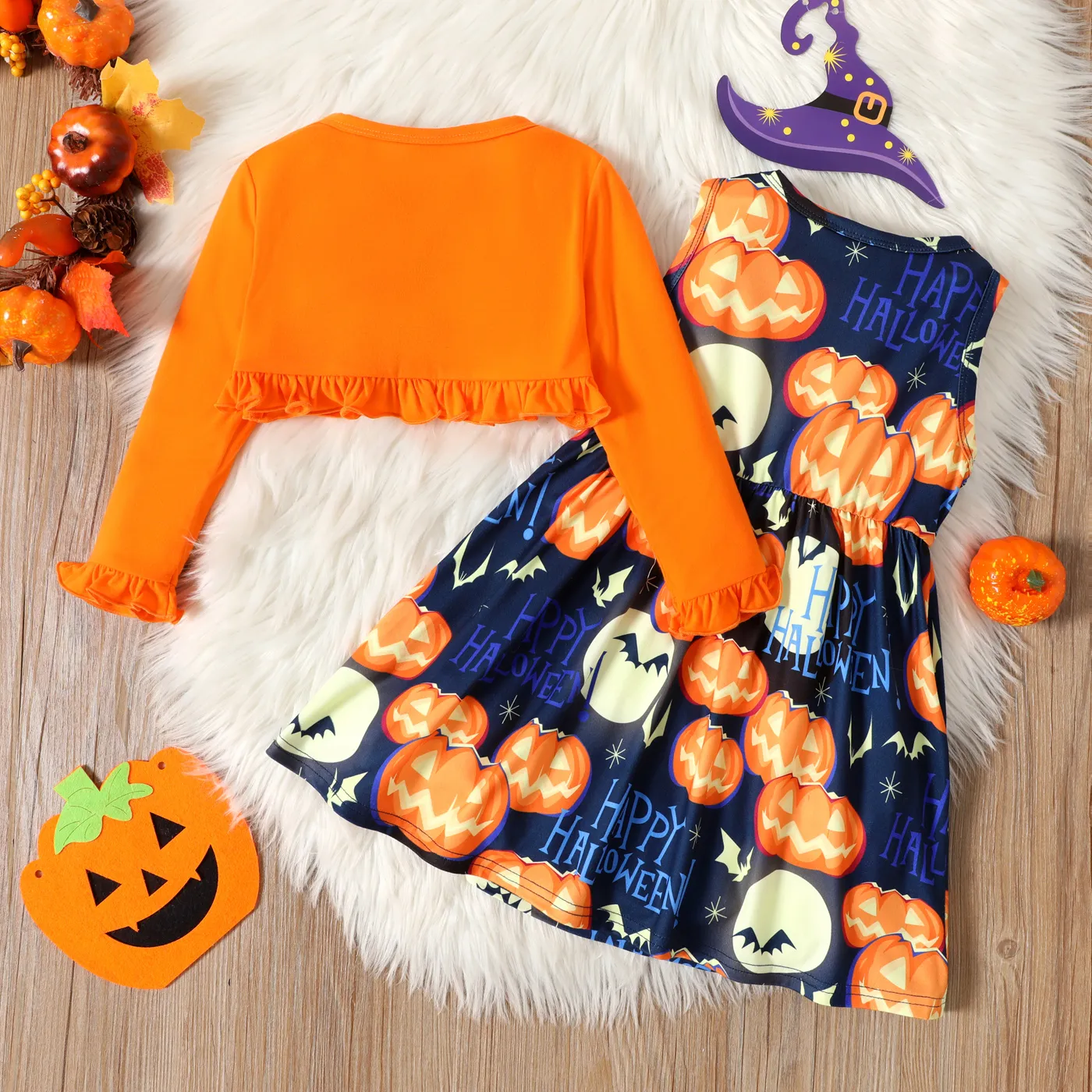 2pcs Toddler Girl Halloween Letter Pumpkin Print Sleeveless Dress and Ruffled Cardigan Set  image 2