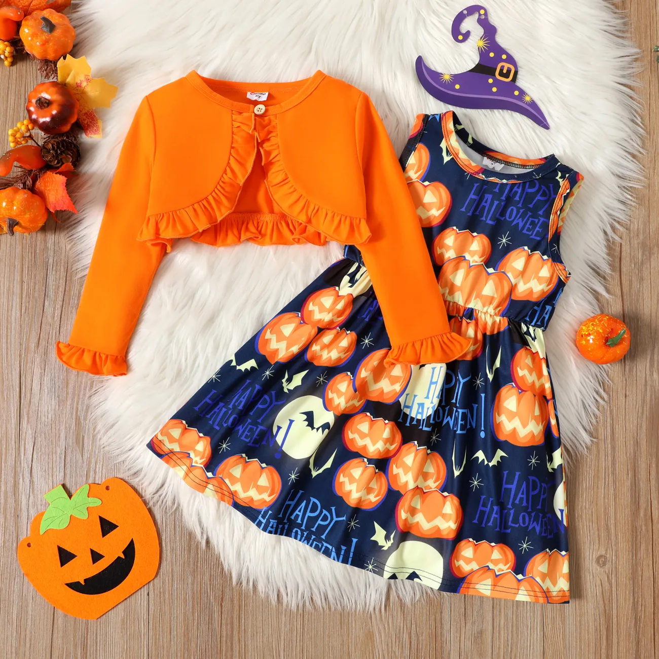 2pcs Toddler Girl Halloween Letter Pumpkin Print Sleeveless Dress and Ruffled Cardigan Set  big image 1