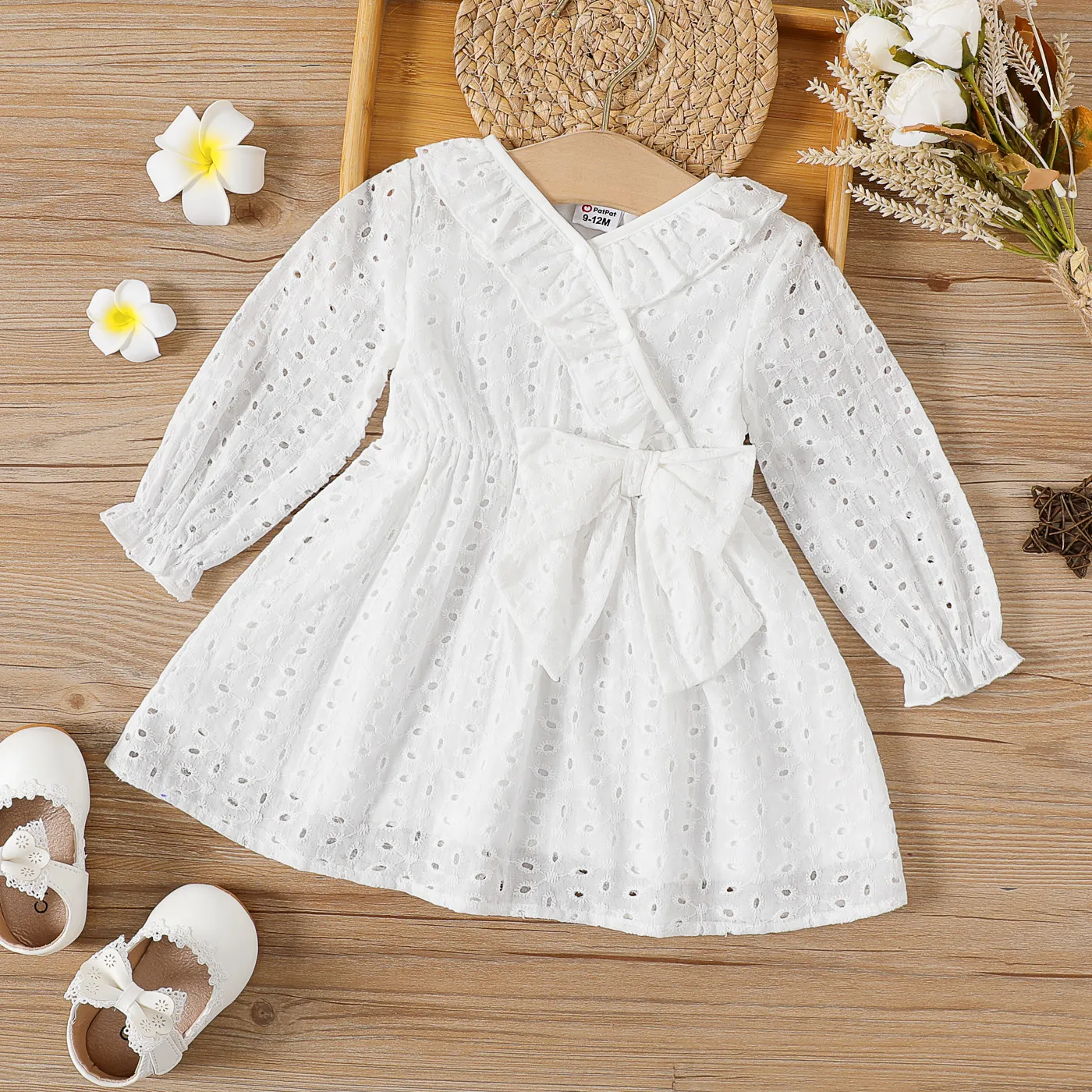 

100% Cotton Baby Girl White Eyelet Embroidered Ruffle Trim Bow Front Long-sleeve Dress