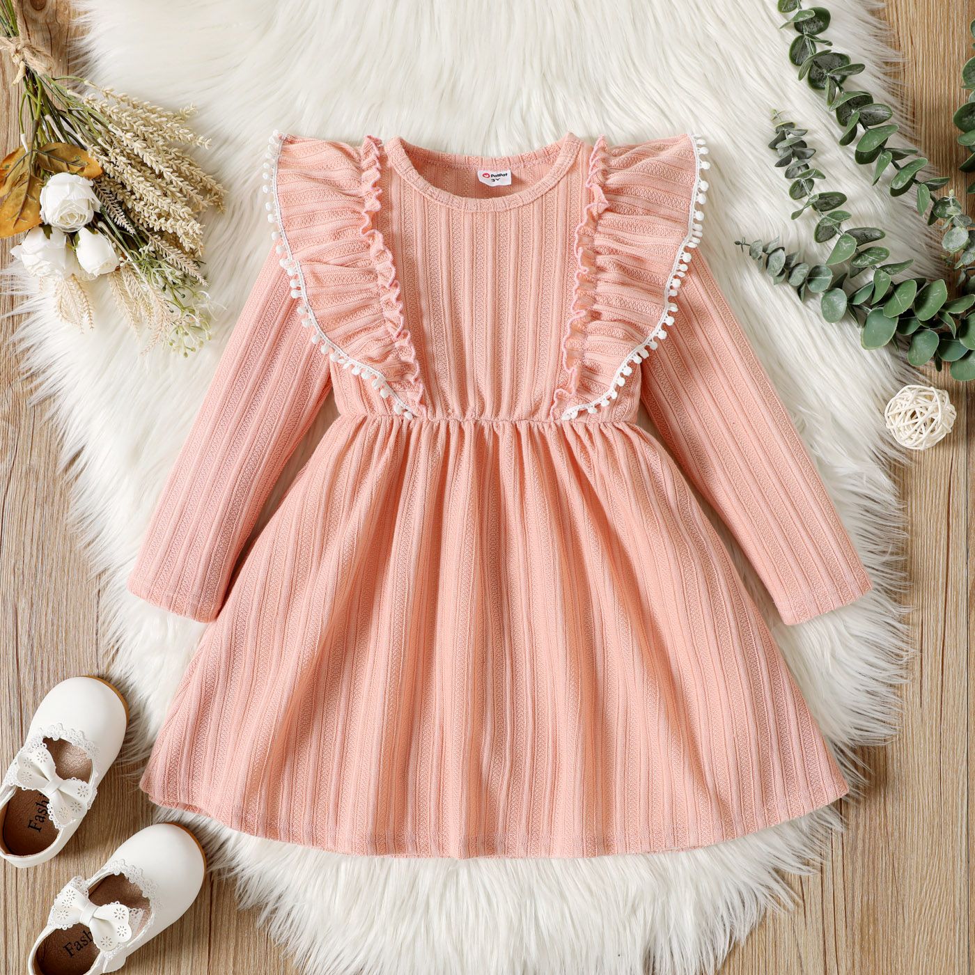 

Toddler Girl Ruffled Pompom Trim Jacquard Solid Color Long-sleeve Dress