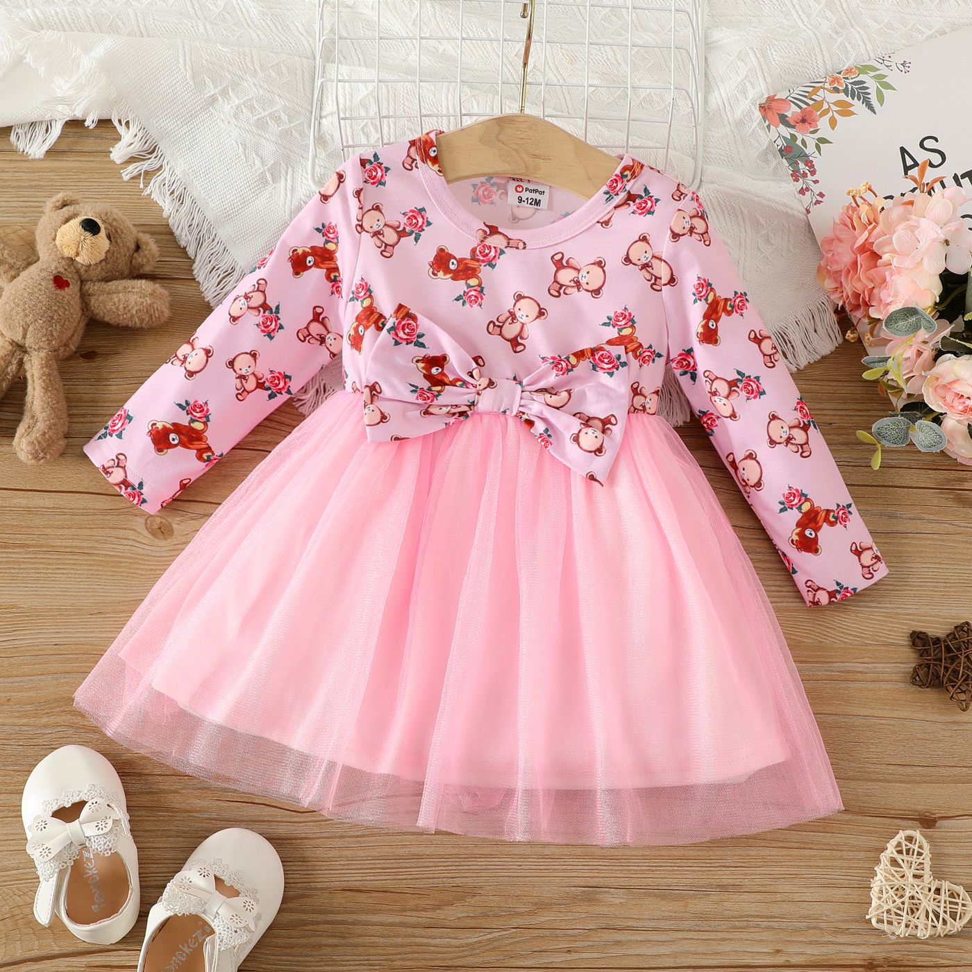 

Baby Girl Allover Bear & Letter Print Bow Front Long-sleeve Spliced Mesh Dress