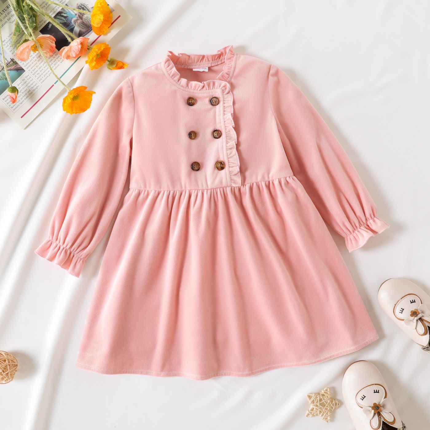 

Toddler Girl Solid Color Ruffle Collar Button Design Long-sleeve Velvet Dress