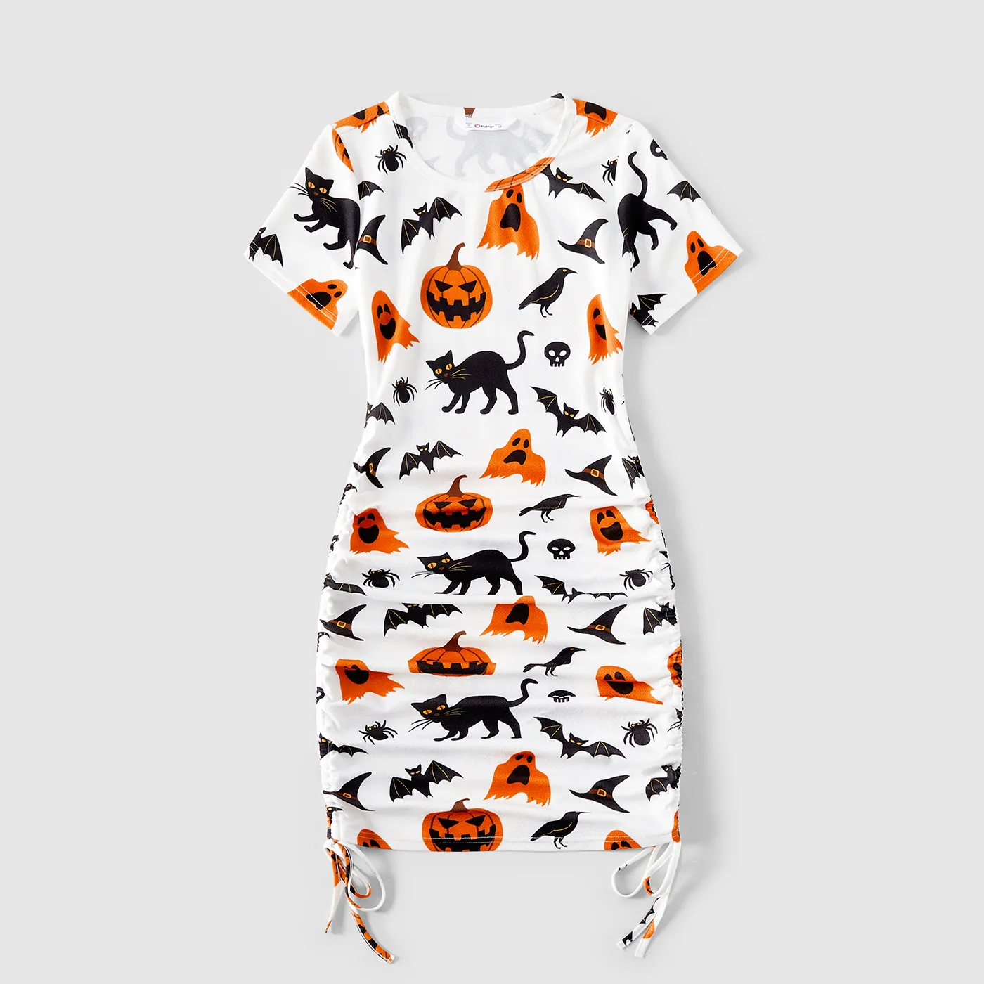 Halloween Family Matching 95% Cotton Short-sleeve Graphic T-shirts Allover Print Drawstring Ruched Bodycon Dresses Sets  big image 11
