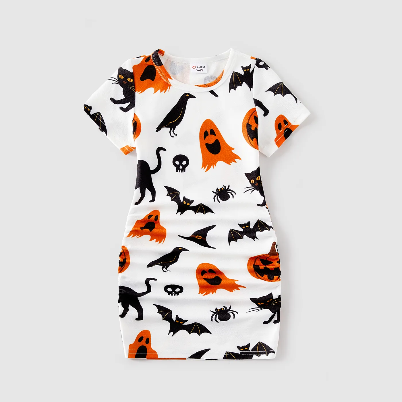 Halloween Family Matching 95% Cotton Short-sleeve Graphic T-shirts Allover Print Drawstring Ruched Bodycon Dresses Sets  big image 8