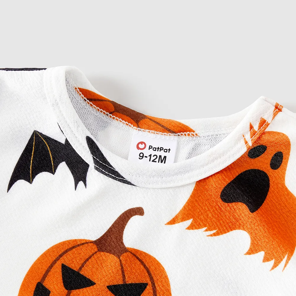 Halloween Family Matching 95% Cotton Short-sleeve Graphic T-shirts Allover Print Drawstring Ruched Bodycon Dresses Sets big image 3