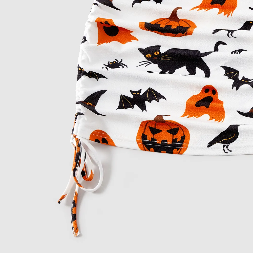 Halloween Family Matching 95% Cotton Short-sleeve Graphic T-shirts Allover Print Drawstring Ruched Bodycon Dresses Sets big image 13
