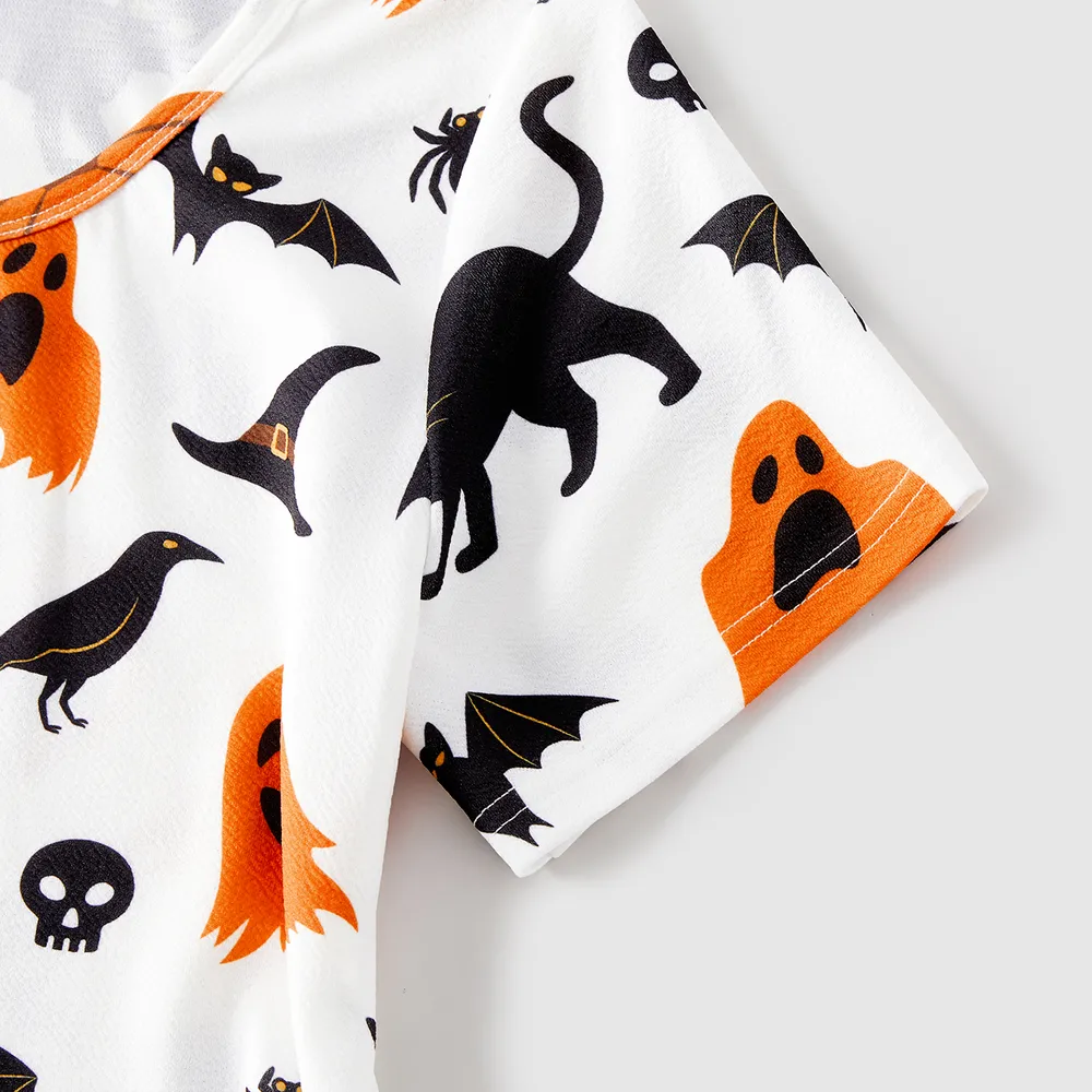 Halloween Family Matching 95% Cotton Short-sleeve Graphic T-shirts Allover Print Drawstring Ruched Bodycon Dresses Sets big image 12