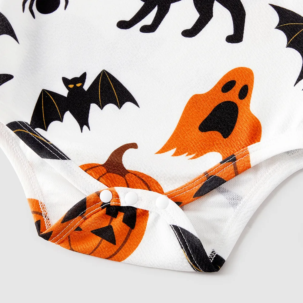 Halloween Family Matching 95% Cotton Short-sleeve Graphic T-shirts Allover Print Drawstring Ruched Bodycon Dresses Sets big image 4