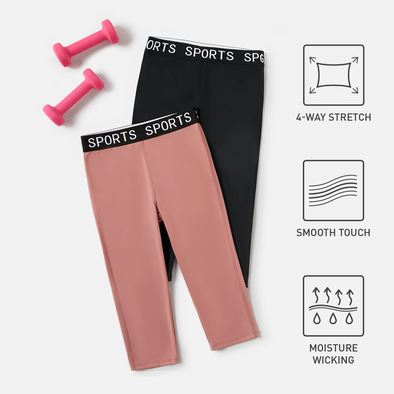 Activewear 4-Wege-Stretch-Leggings-Shorts für Kinder mit Buchstabenaufdruck, schnell trocknend, elastisch rosa big image 1