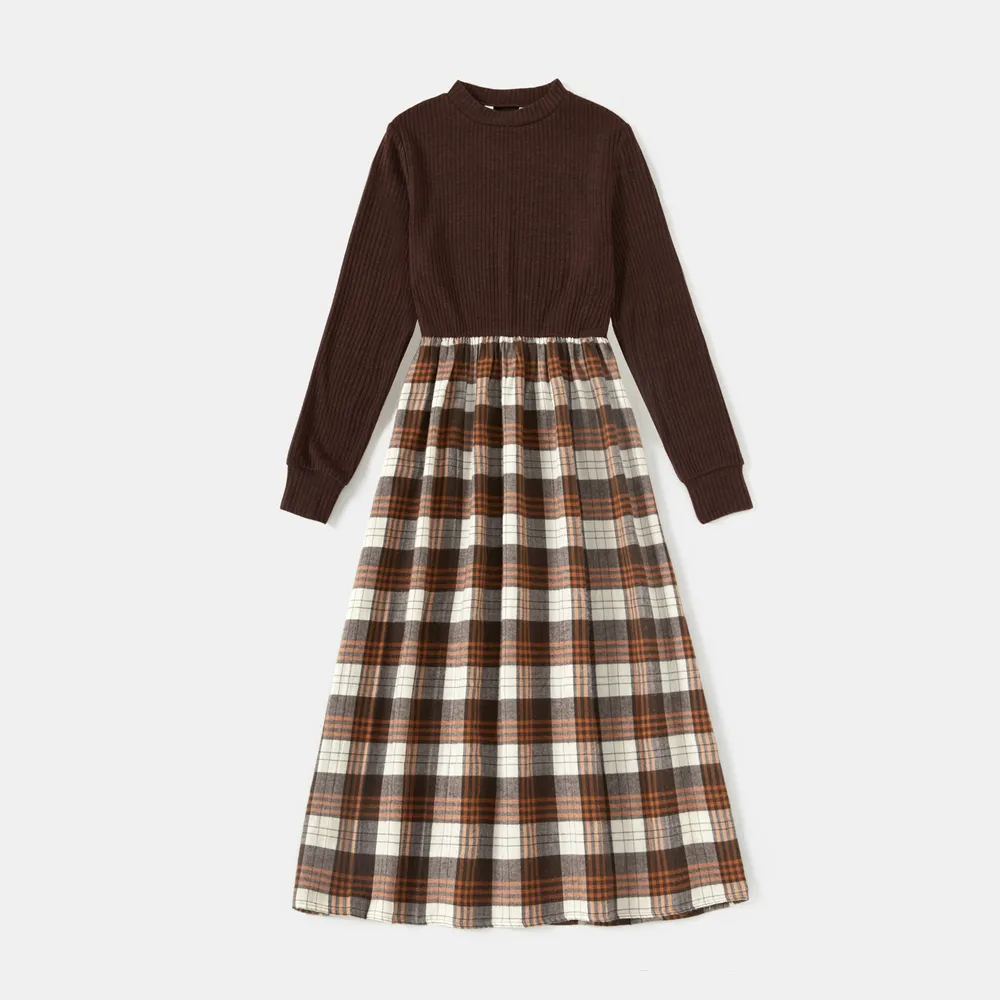 Family Matching Long-sleeve Mock Neck Rib Knit Spliced Plaid Dresses and Colorblock Tops Sets big image 12