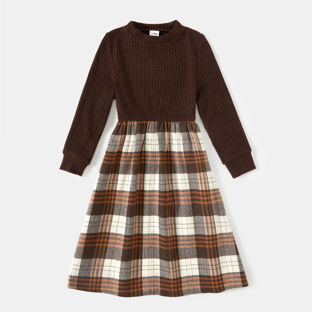 Family Matching Long-sleeve Mock Neck Rib Knit Spliced Plaid Dresses and Colorblock Tops Sets big image 10