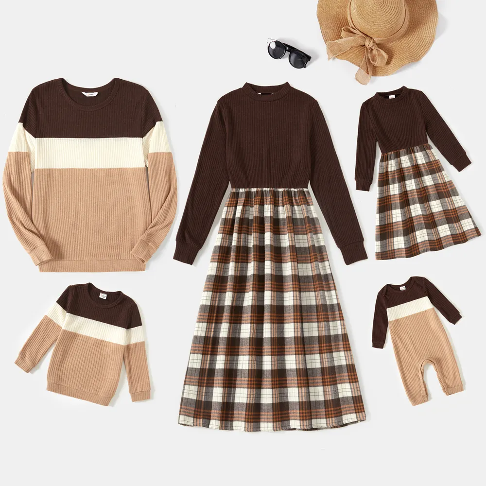 Family Matching Long-sleeve Mock Neck Rib Knit Spliced Plaid Dresses and Colorblock Tops Sets  big image 2