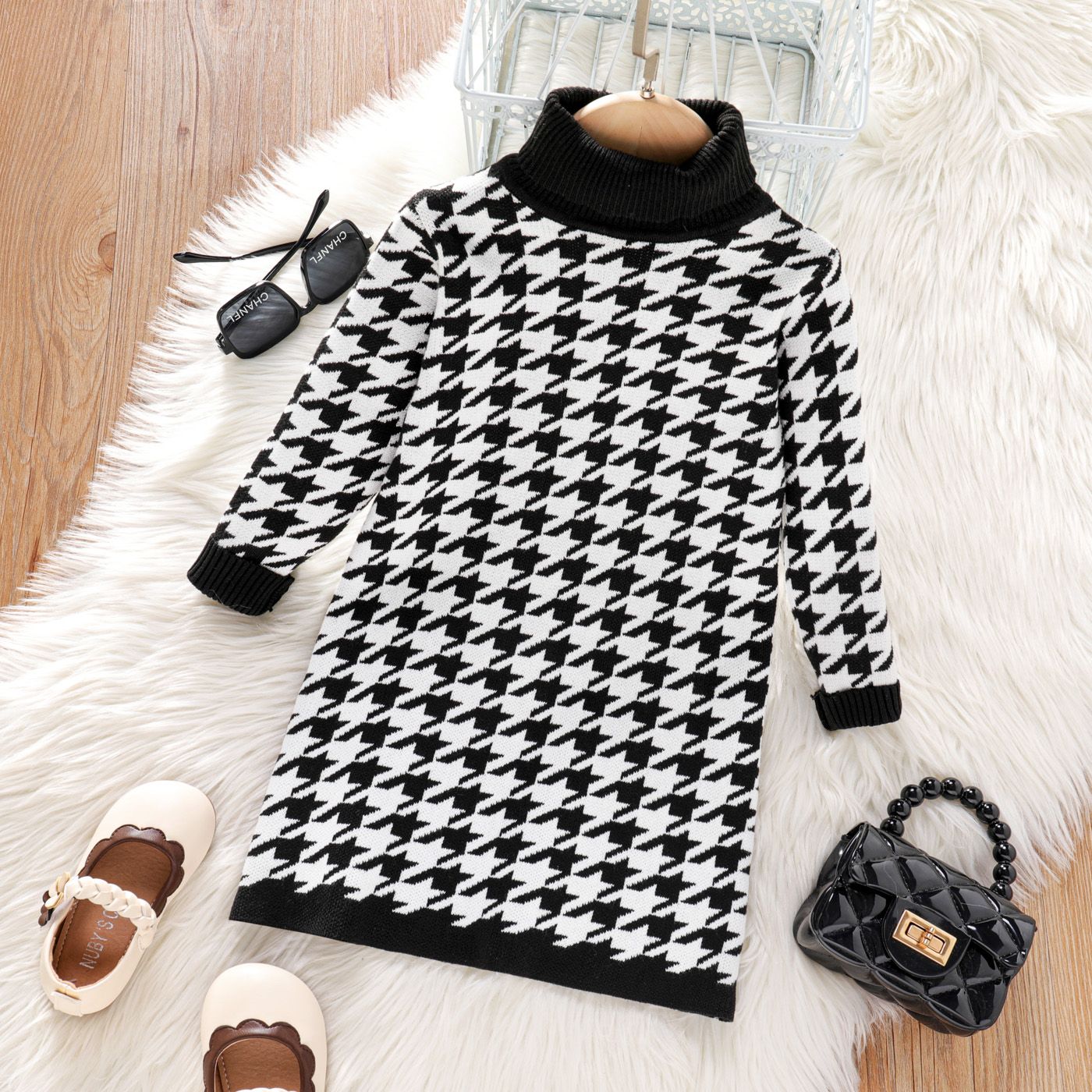 

Toddler Girl Elegant Houndstooth Turtleneck Long-sleeve Sweater Dress