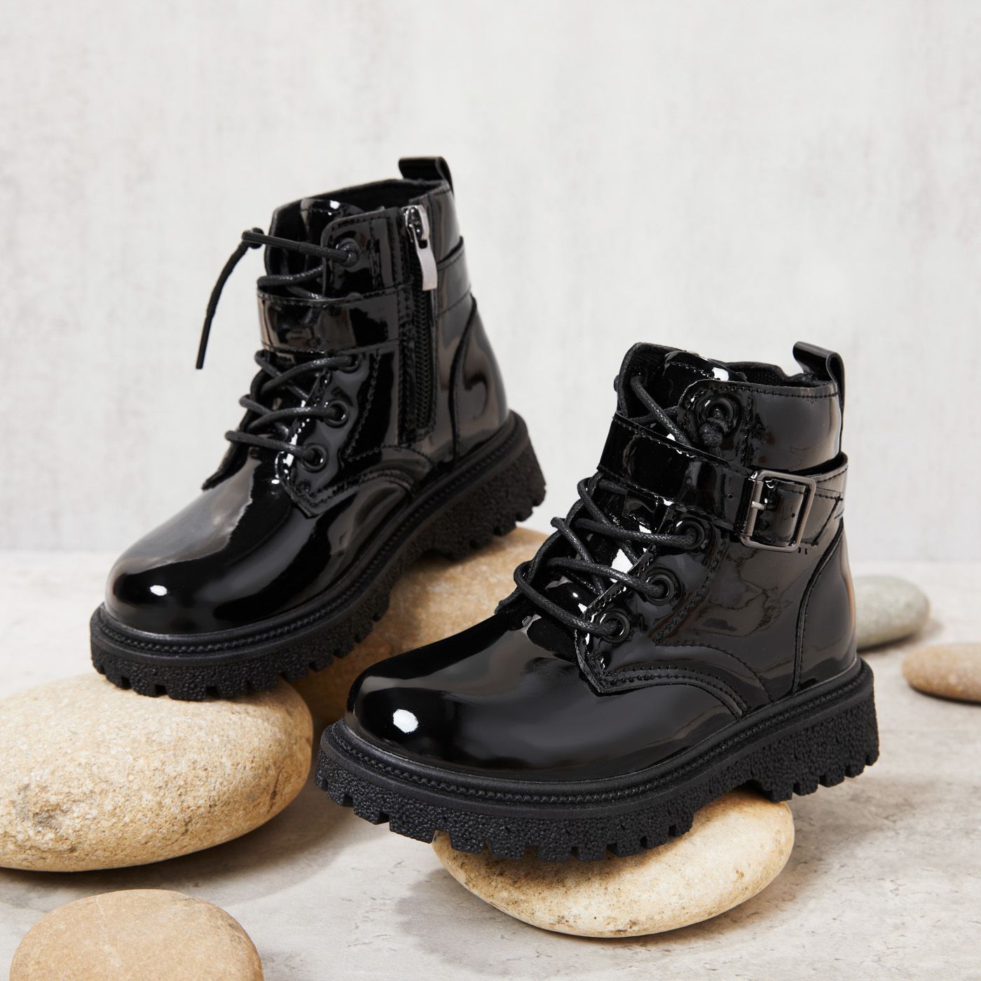 

Toddler / Kid Buckle Lace Up Front Black Boots