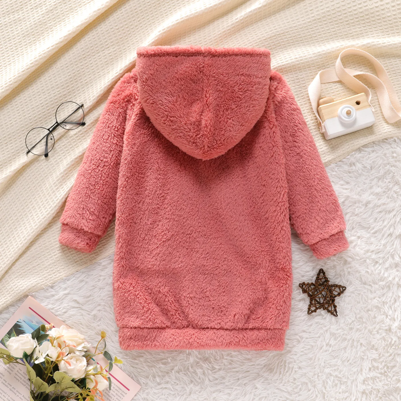 Toddler Girl Pink Fleece Hooded Sweatshirt Dress Dark Pink image 2