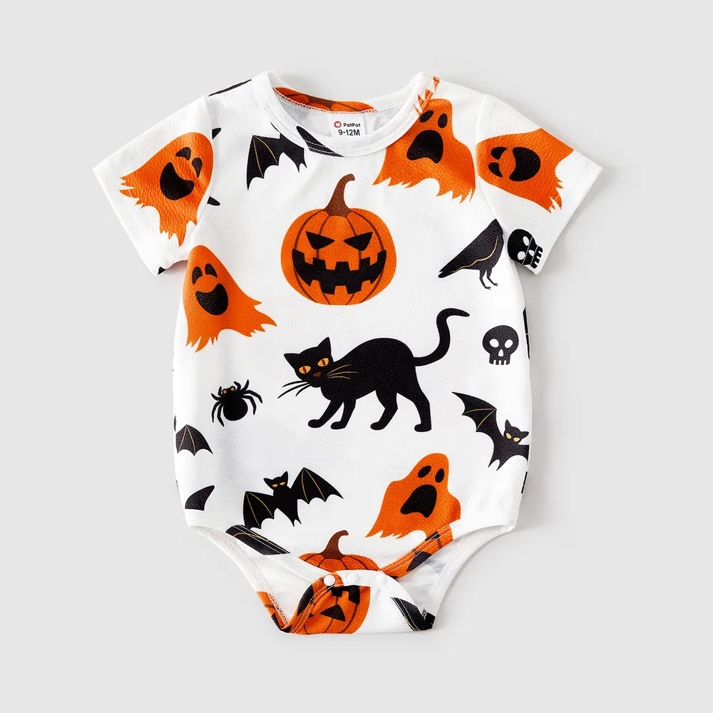 Halloween Family Matching 95% Cotton Short-sleeve Graphic T-shirts Allover Print Drawstring Ruched Bodycon Dresses Sets big image 2