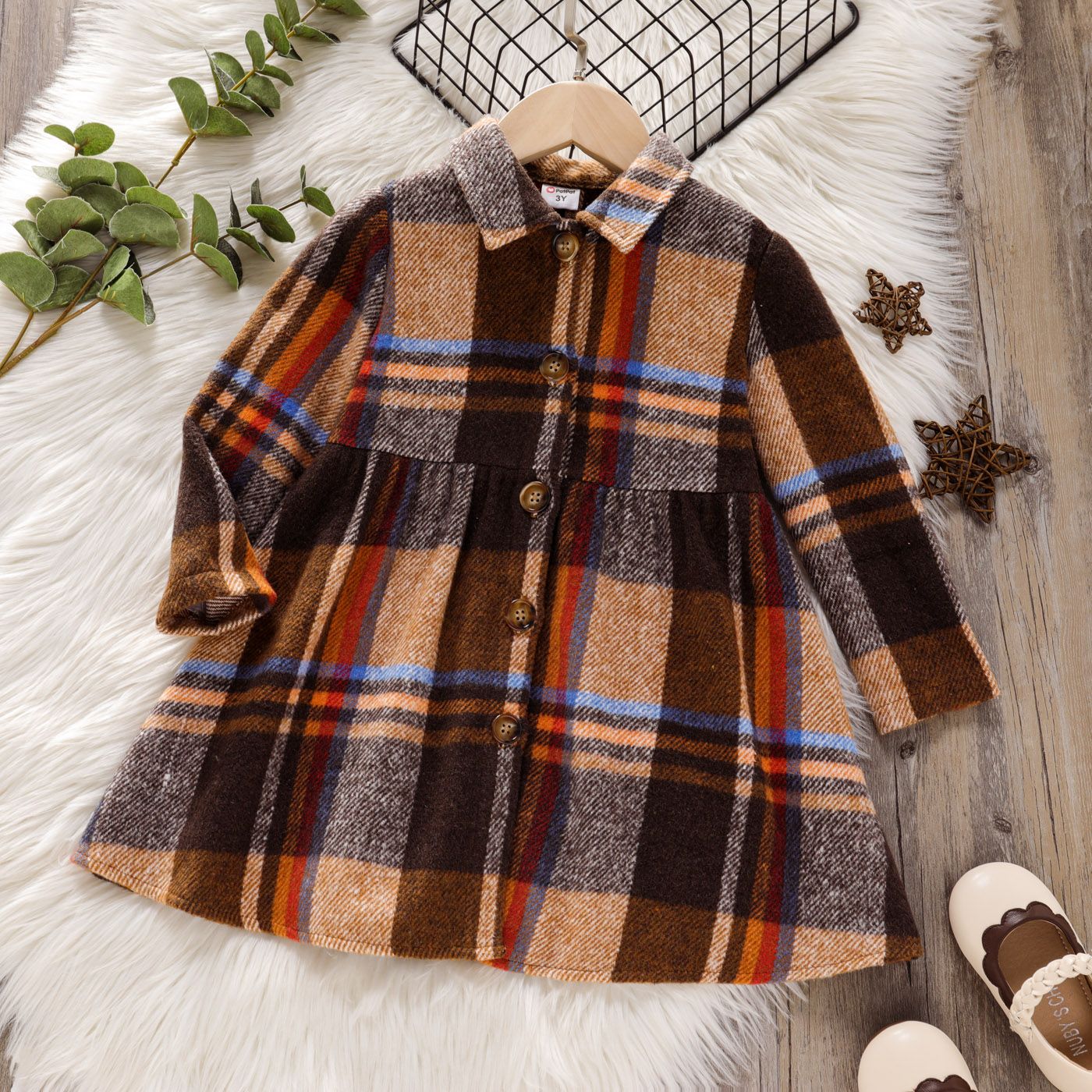 

Toddler Girl Lapel Collar Button Design Long-sleeve Plaid Dress