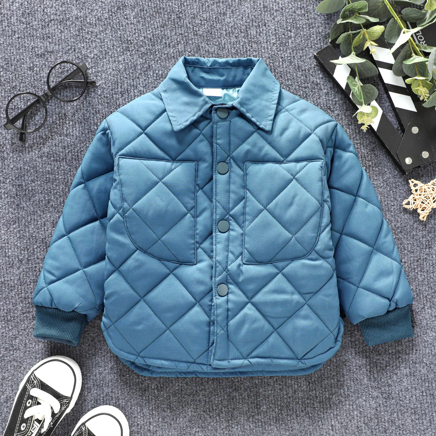 Toddler Boy Lapel Collar Button Design Solid Color Coat Navy big image 1
