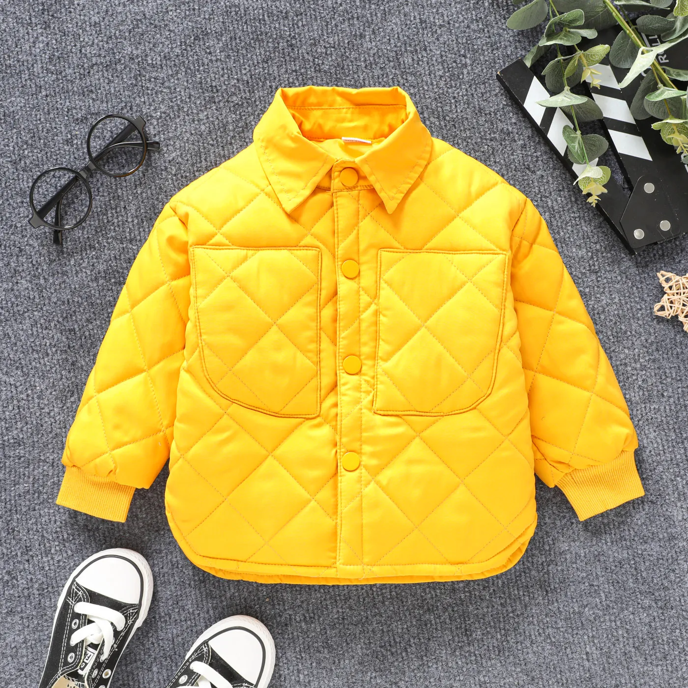 Toddler Boy Lapel Collar Button Design Solid Color Coat Yellow