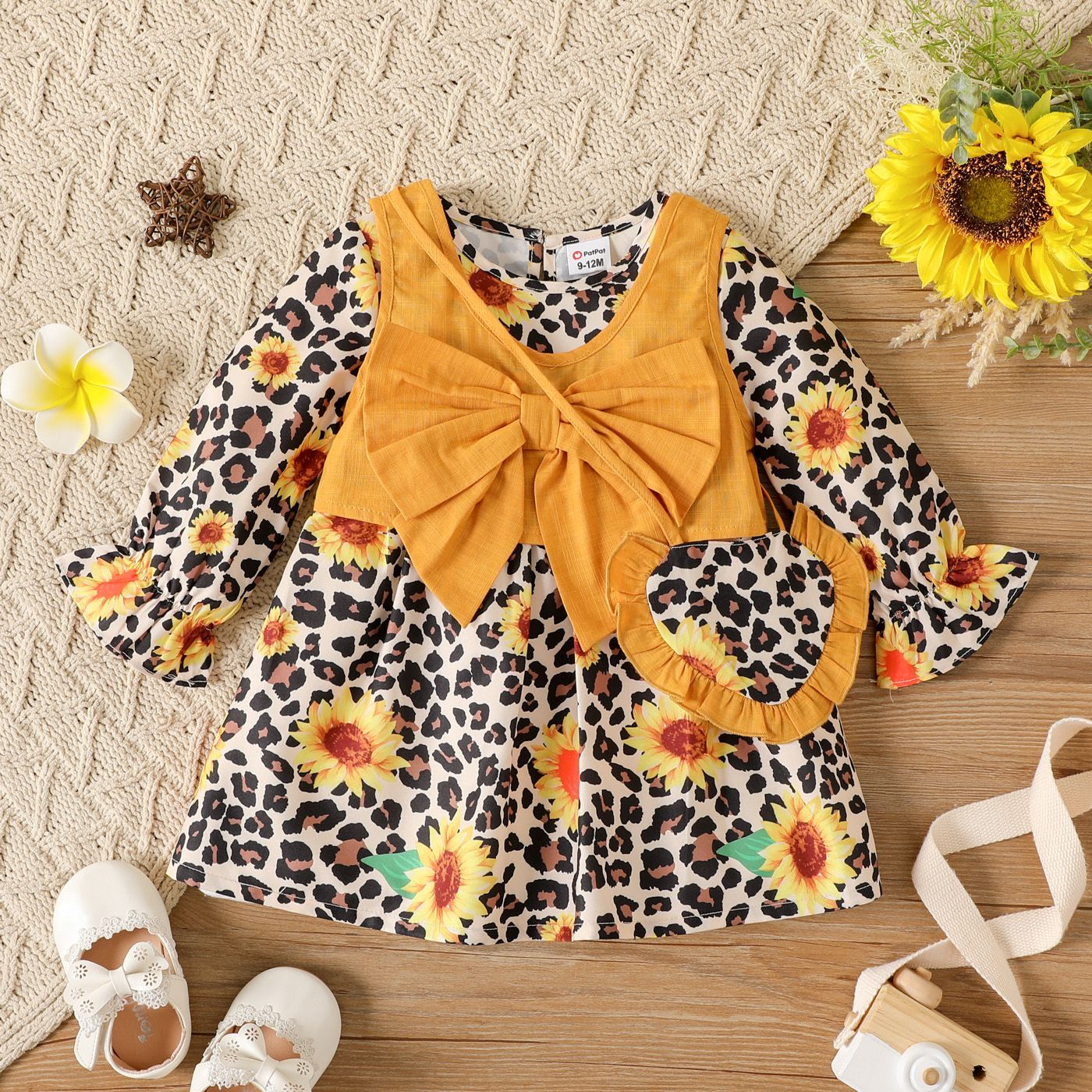 

3pcs Baby Girl 100% Cotton Bow Front Vest and Allover Leopard & Sunflower Print Long-sleeve Dress with Crossbody Bag Set
