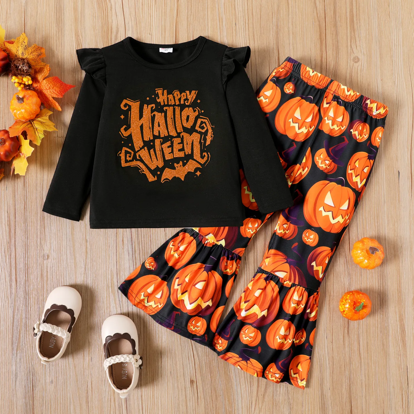 2pcs Enfant En Bas âge Fille Halloween Imprimé Graphique T-shirt à Manches Longues à Volants Et Ensemble De Pantalons évasés
