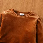 Toddler Girl Solid Color Velvet Ruched Bowknot Design Long-sleeve Dress Brown image 4