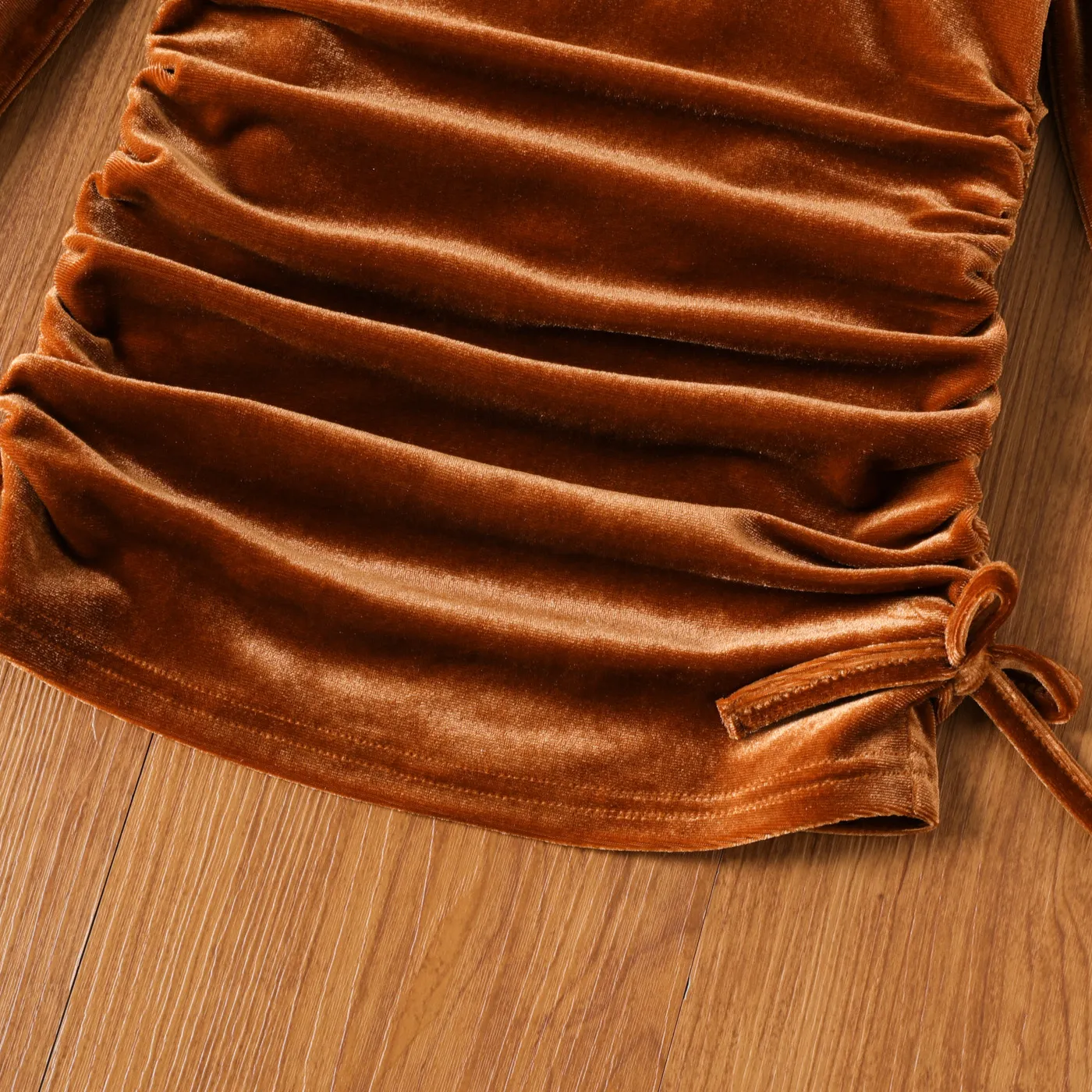 Toddler Girl Solid Color Velvet Ruched Bowknot Design Long-sleeve Dress Brown image 5