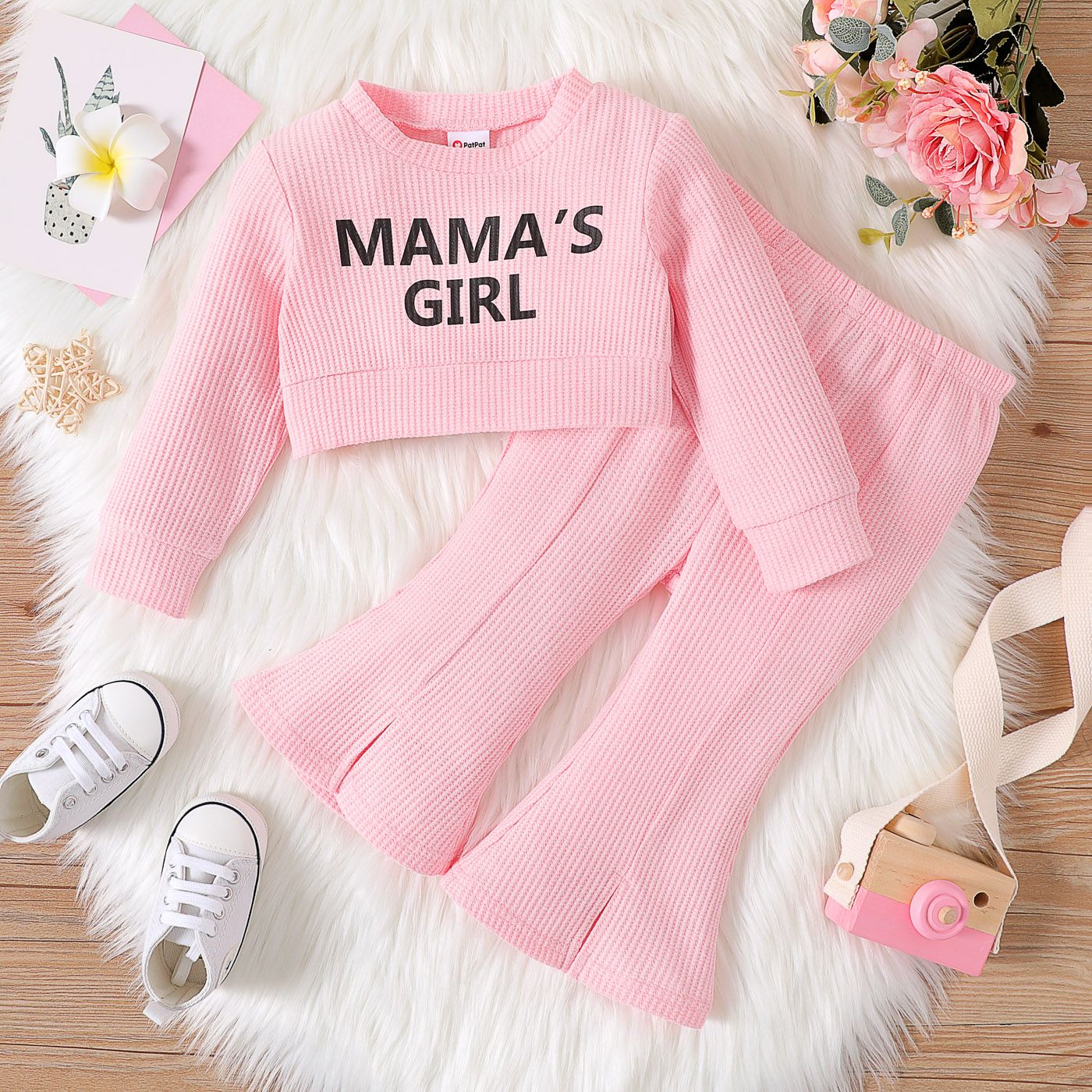 2pcs Baby Girl Letter Print Long-sleeve Waffle Textured Crop Top and Flared Pants Set