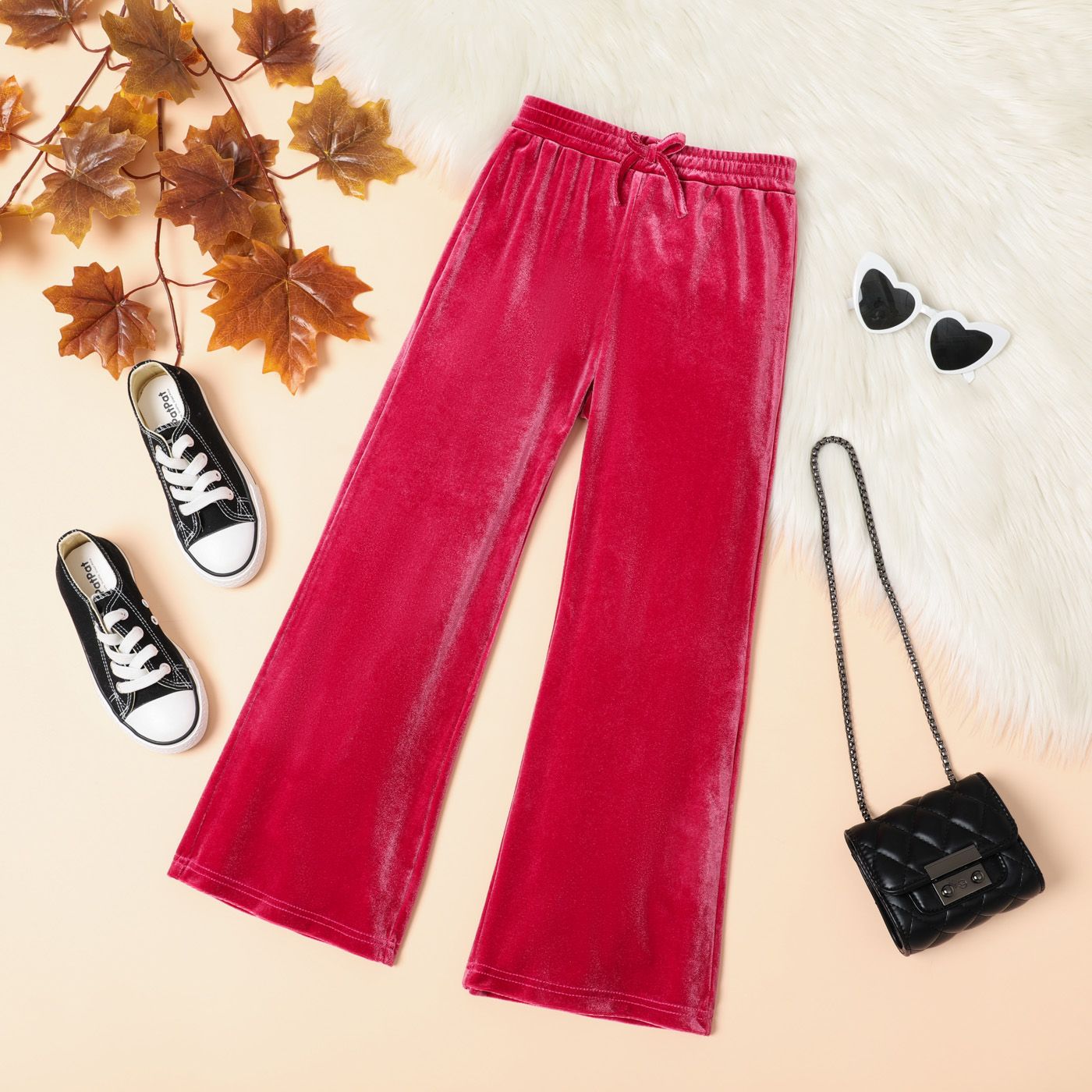 

Kid Girl Solid Color Velvet Straight Pants