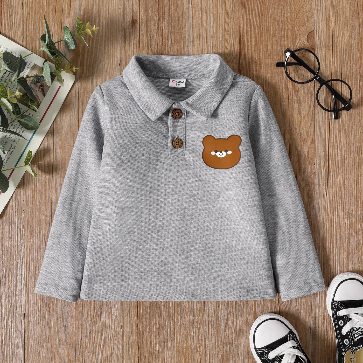 

Toddler Girl Animal Bear Print Long-sleeve Polo Tee