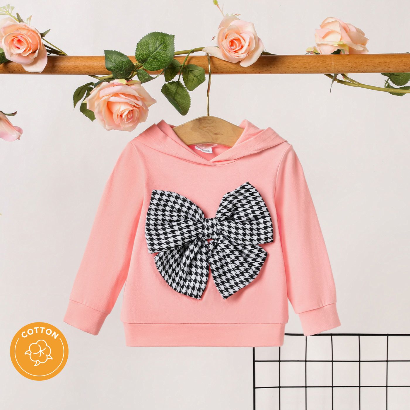 

Baby Girl 95% Cotton Long-sleeve Gingham Bow Front Hoodie