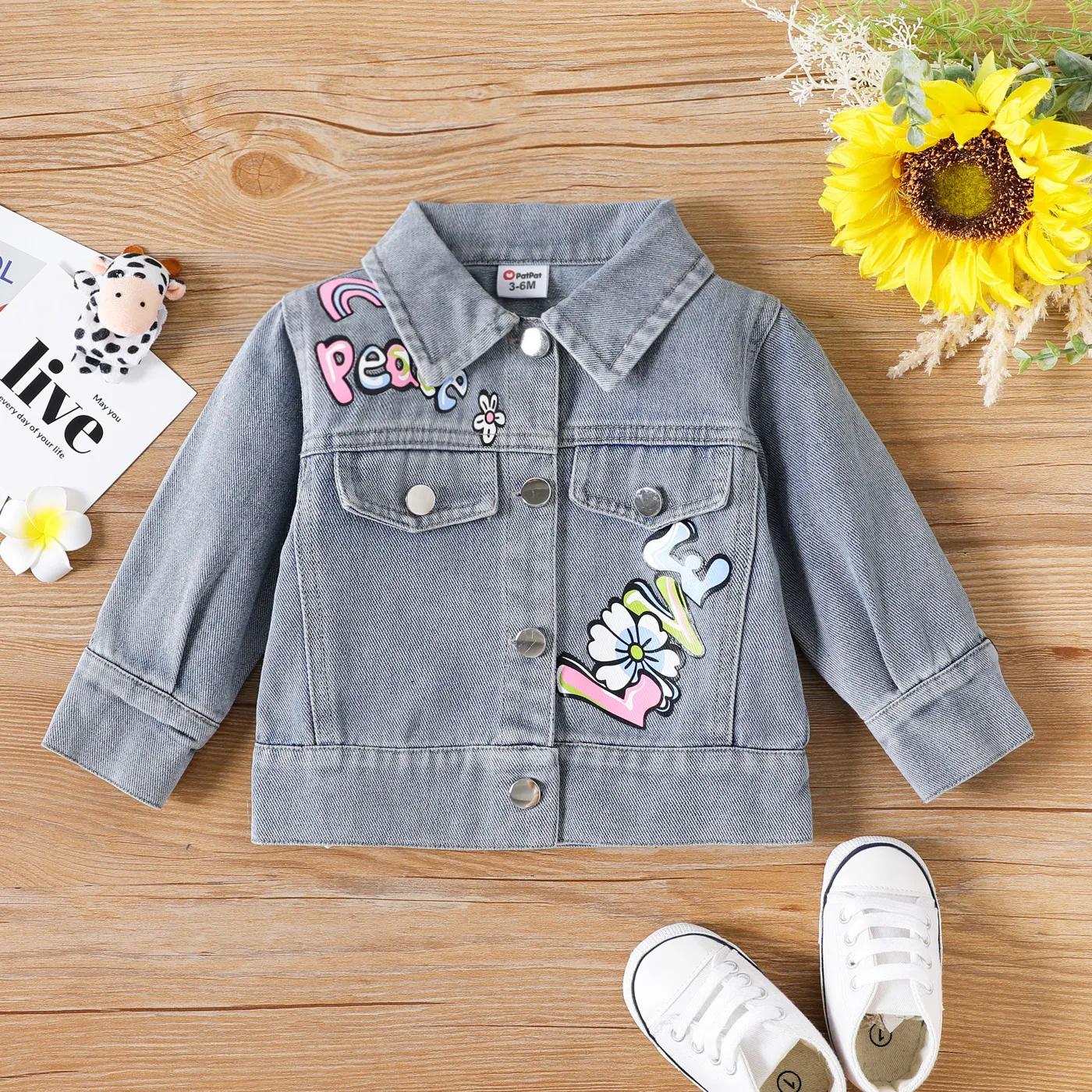 

100% Cotton Baby Girl Button Front Long-sleeve Colorful Letter Print Denim Jacket