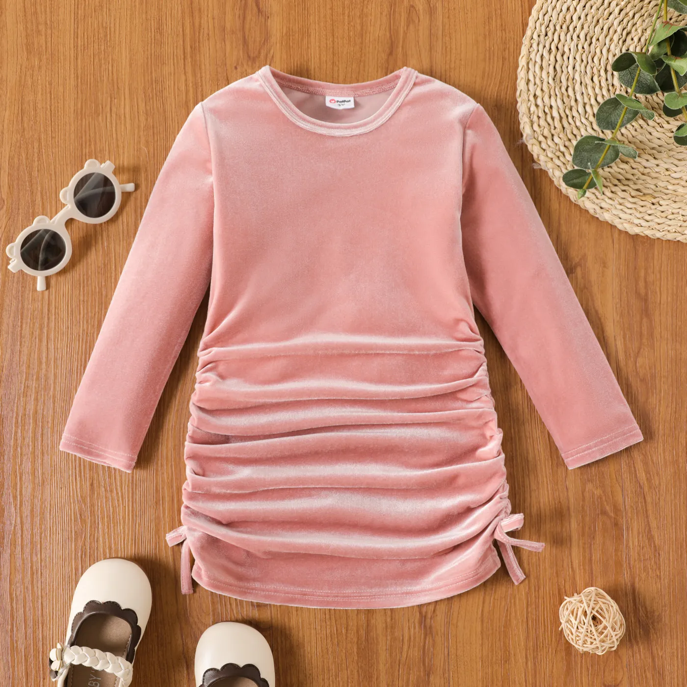 Toddler Girl Solid Color Velvet Ruched Bowknot Design Long-sleeve Dress incarnadinepink
