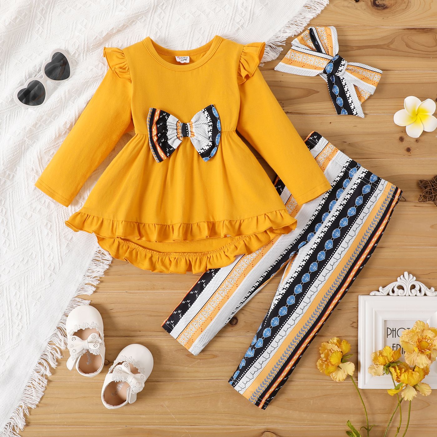 

3pcs Baby Girl 95% Cotton Long-sleeve Bow Front Ruffle Trim Top and Allover Print Leggings with Headband Set