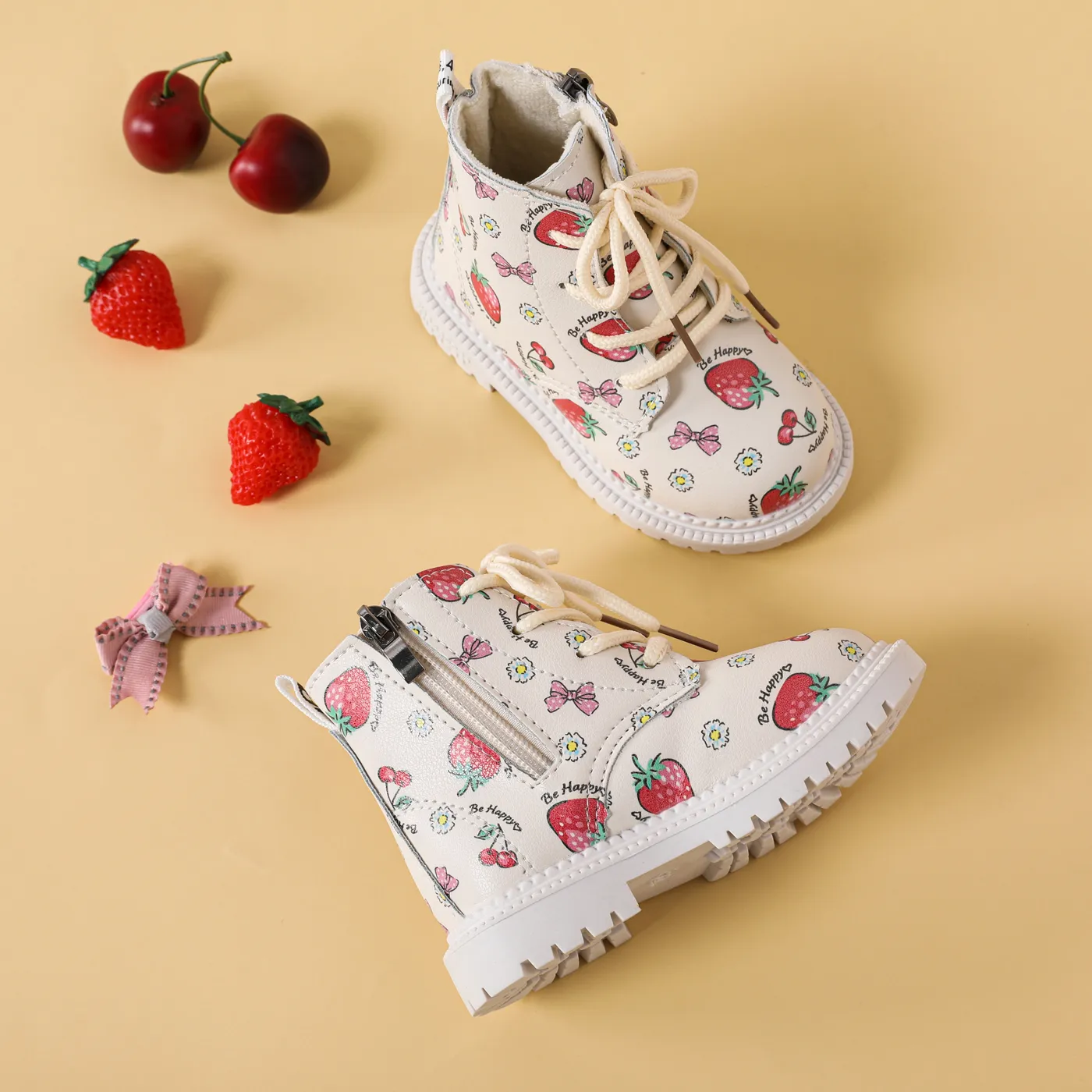 Toddler Strawberry Cherry Pattern Lace Up Boots