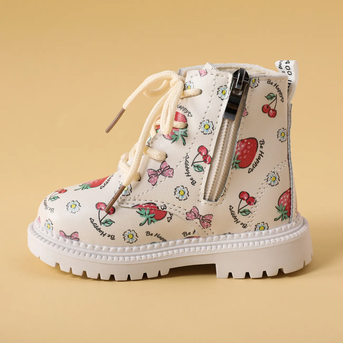 Toddler Strawberry Cherry Pattern Lace Up Boots White big image 1