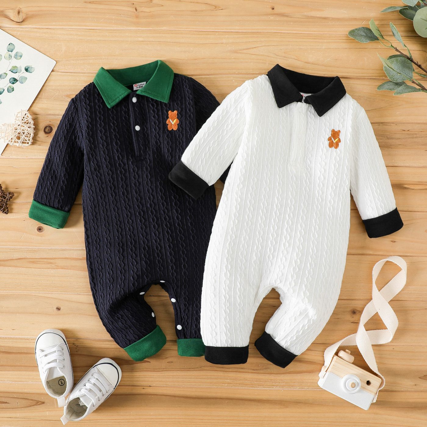

Baby Boy Bear Decor Contrast Collar Cable Knit Long-sleeve Jumpsuit