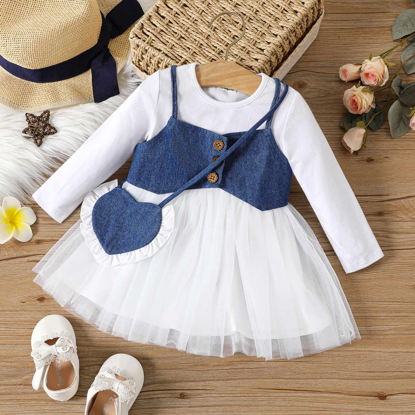 

3pcs Baby Girl 100% Cotton Camisole and Long-sleeve Spliced Mesh Dress with Heart Shaped Crossbody Bag Set