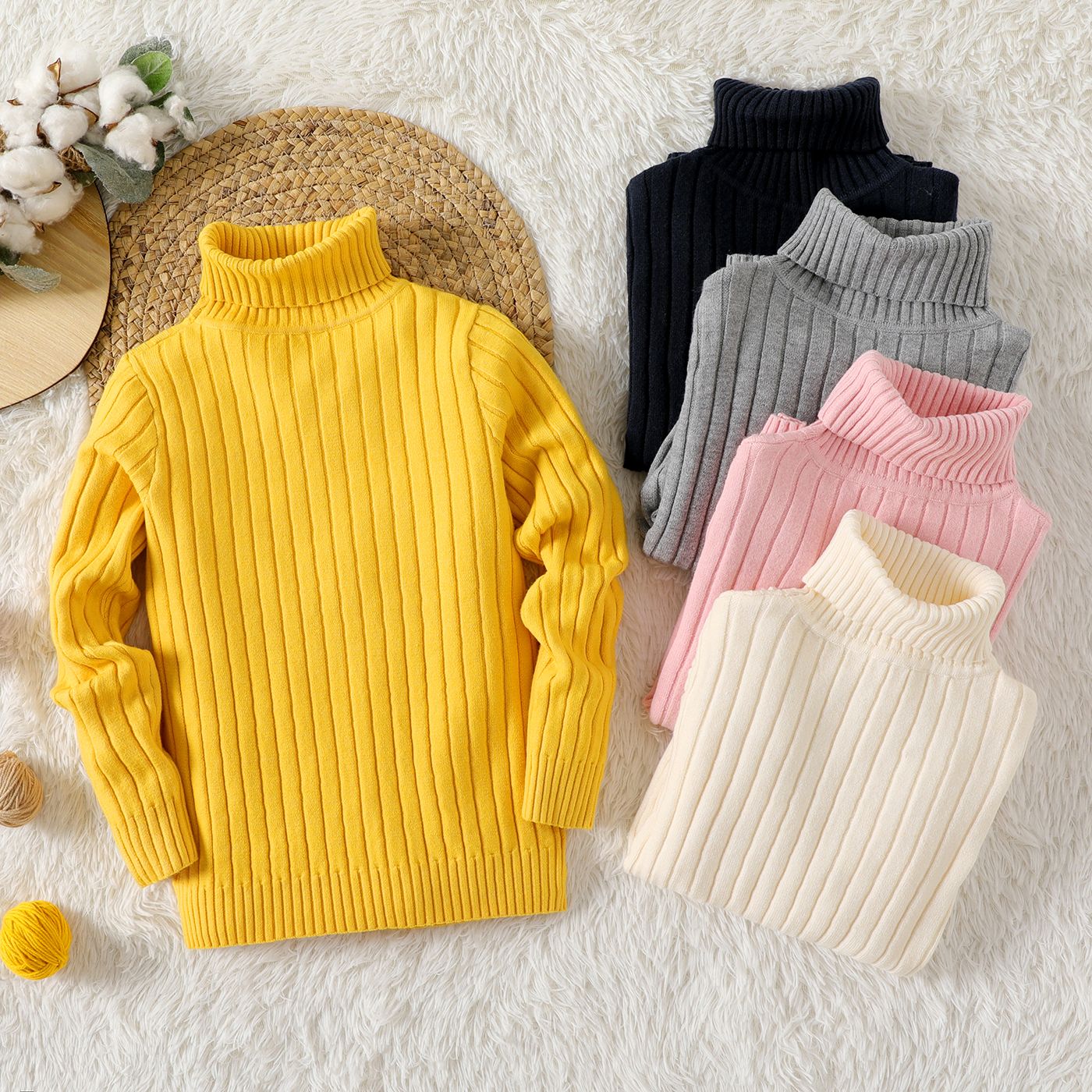 

Kid Girl Solid Color Ribbed Turtleneck Sweater/ Polar Fleece Hooded Coat/ Striped Thin Pants