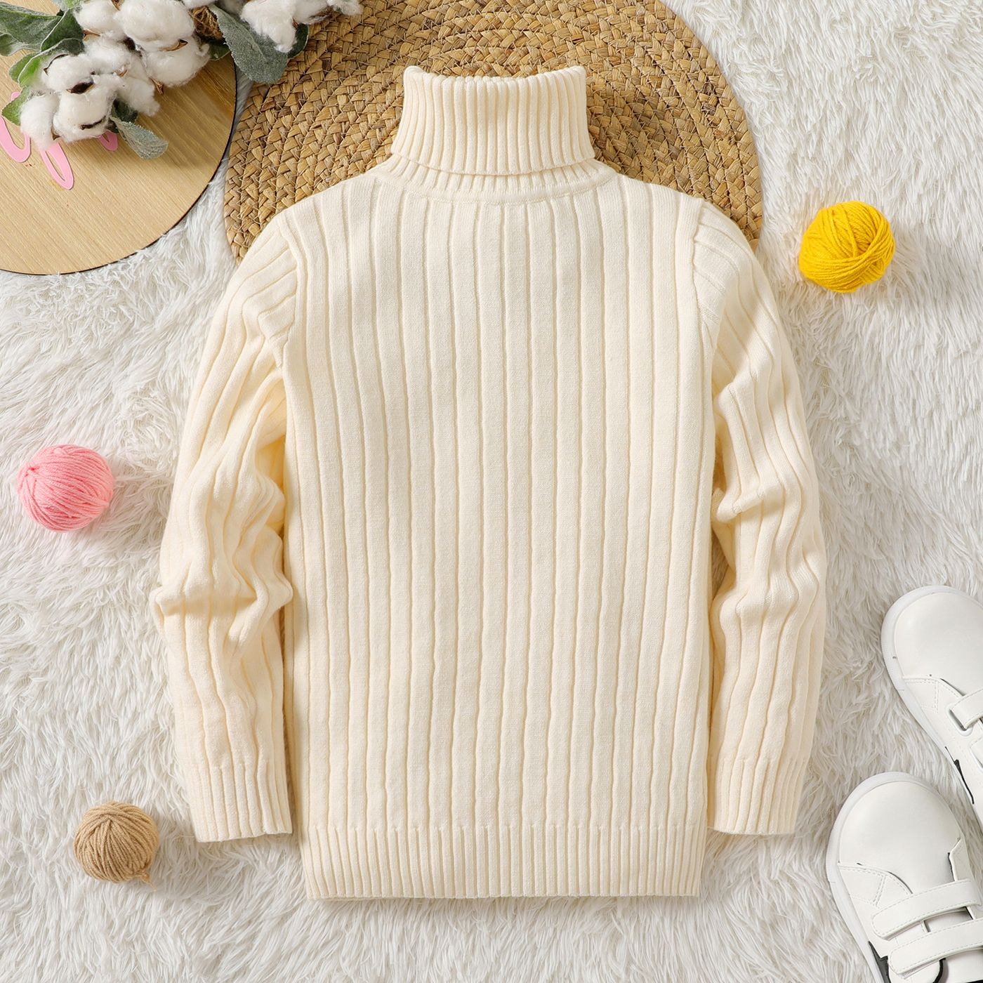 

Kid Girl Solid Color Ribbed Turtleneck Sweater/ Polar Fleece Hooded Coat/ Striped Thin Pants