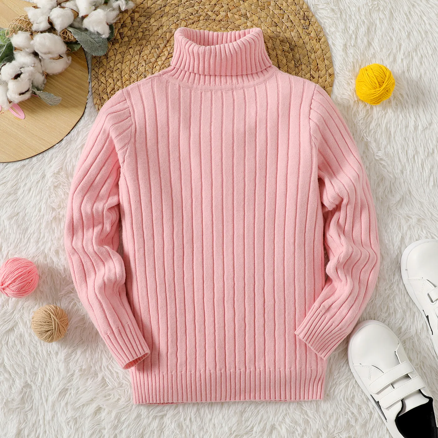 

Kid Girl Solid Color Ribbed Turtleneck Sweater/ Polar Fleece Hooded Coat/ Striped Thin Pants