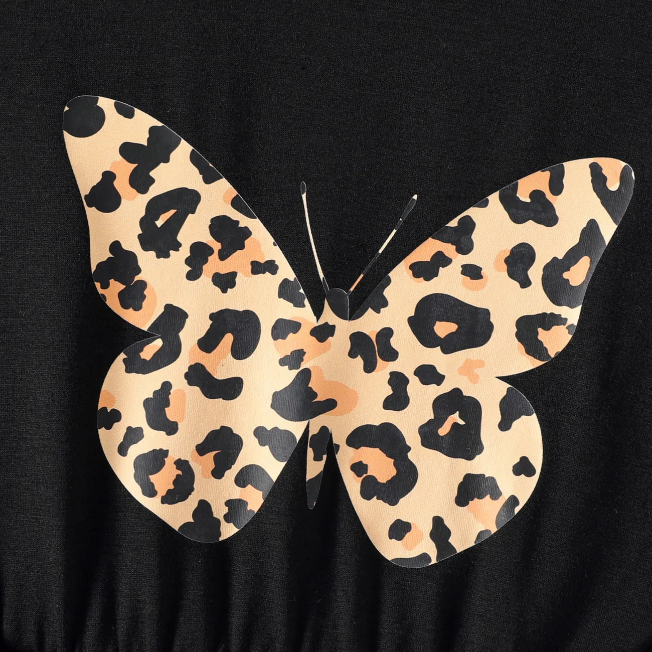3pcs Kid Girl Butterfly Print Irregular Hem Long-sleeve Tee & Leopard Print Leggings and Scarf Set Black big image 1